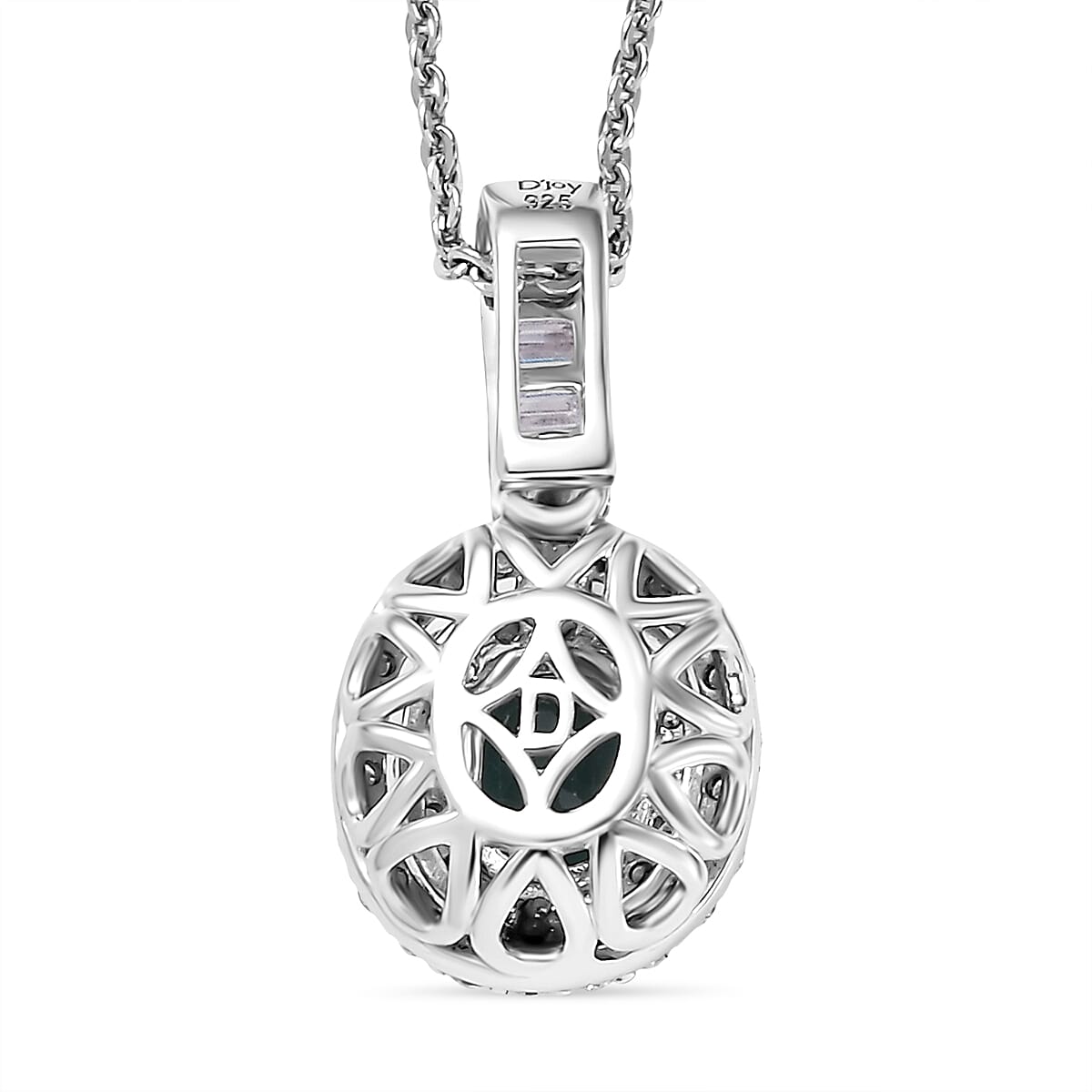 D'Joy Pirineu Lagoon Tourmaline and Moissanite 1.35 ctw Classic Halo Pendant Necklace in Rhodium Over Sterling Silver 20 Inches