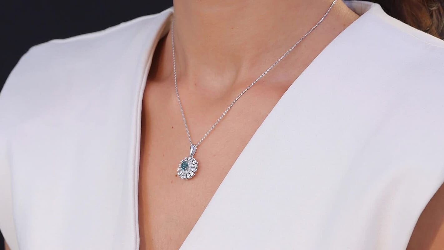 D'Joy Lagoon Tourmaline and Moissanite 1.10 ctw Pendant Necklace in Rhodium Over Sterling Silver 20 Inches
