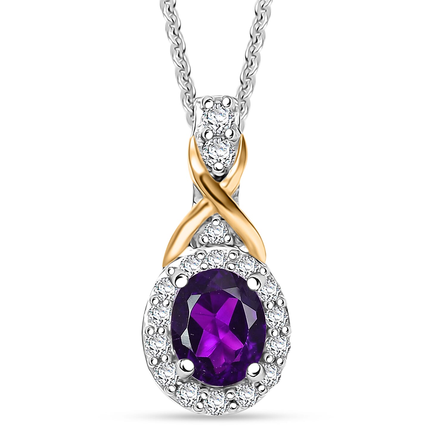 D'Joy African Amethyst and White Zircon 0.50 ctw Pendant Necklace in 18K Vermeil YG and Rhodium Over Sterling Silver 20 Inches