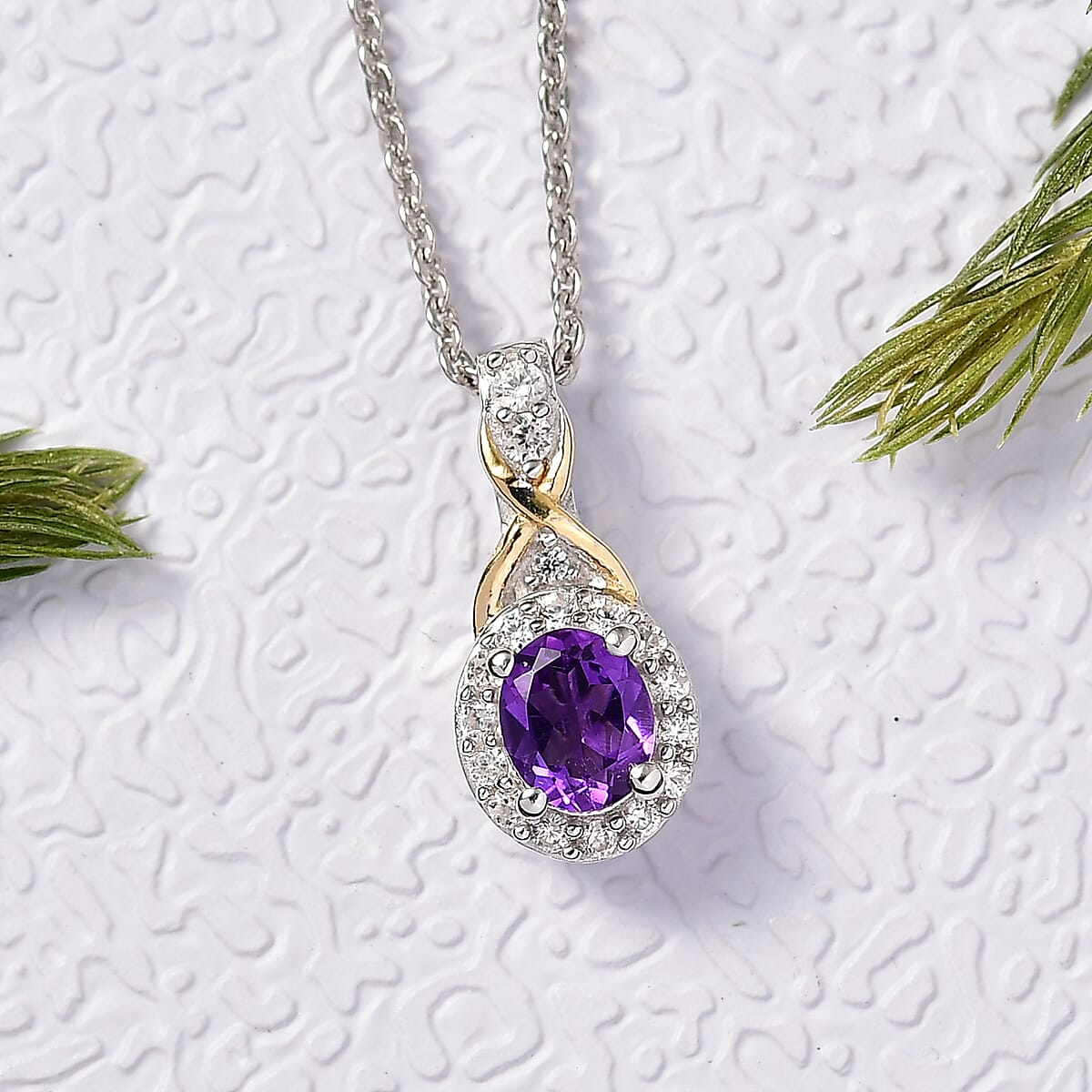 D'Joy African Amethyst and White Zircon 0.50 ctw Pendant Necklace in 18K Vermeil YG and Rhodium Over Sterling Silver 20 Inches image number 1