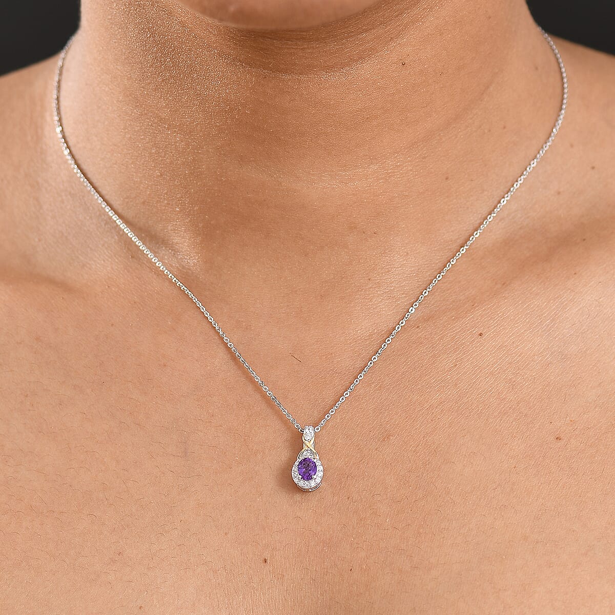 D'Joy African Amethyst and White Zircon 0.50 ctw Pendant Necklace in 18K Vermeil YG and Rhodium Over Sterling Silver 20 Inches image number 2