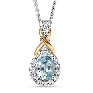 D'Joy Cambodian Blue Zircon and White Zircon 0.75 ctw Pendant Necklace in 18K Vermeil YG and Rhodium Over Sterling Silver 20 Inches