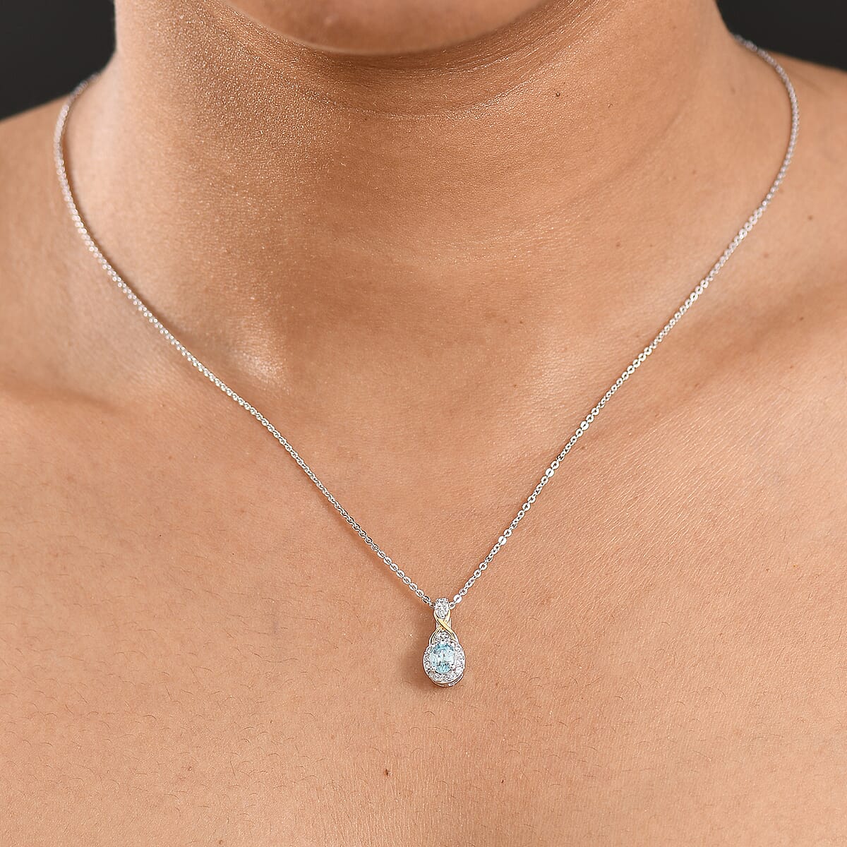 D'Joy Cambodian Blue Zircon and White Zircon 0.75 ctw Pendant Necklace in 18K Vermeil YG and Rhodium Over Sterling Silver 20 Inches image number 2