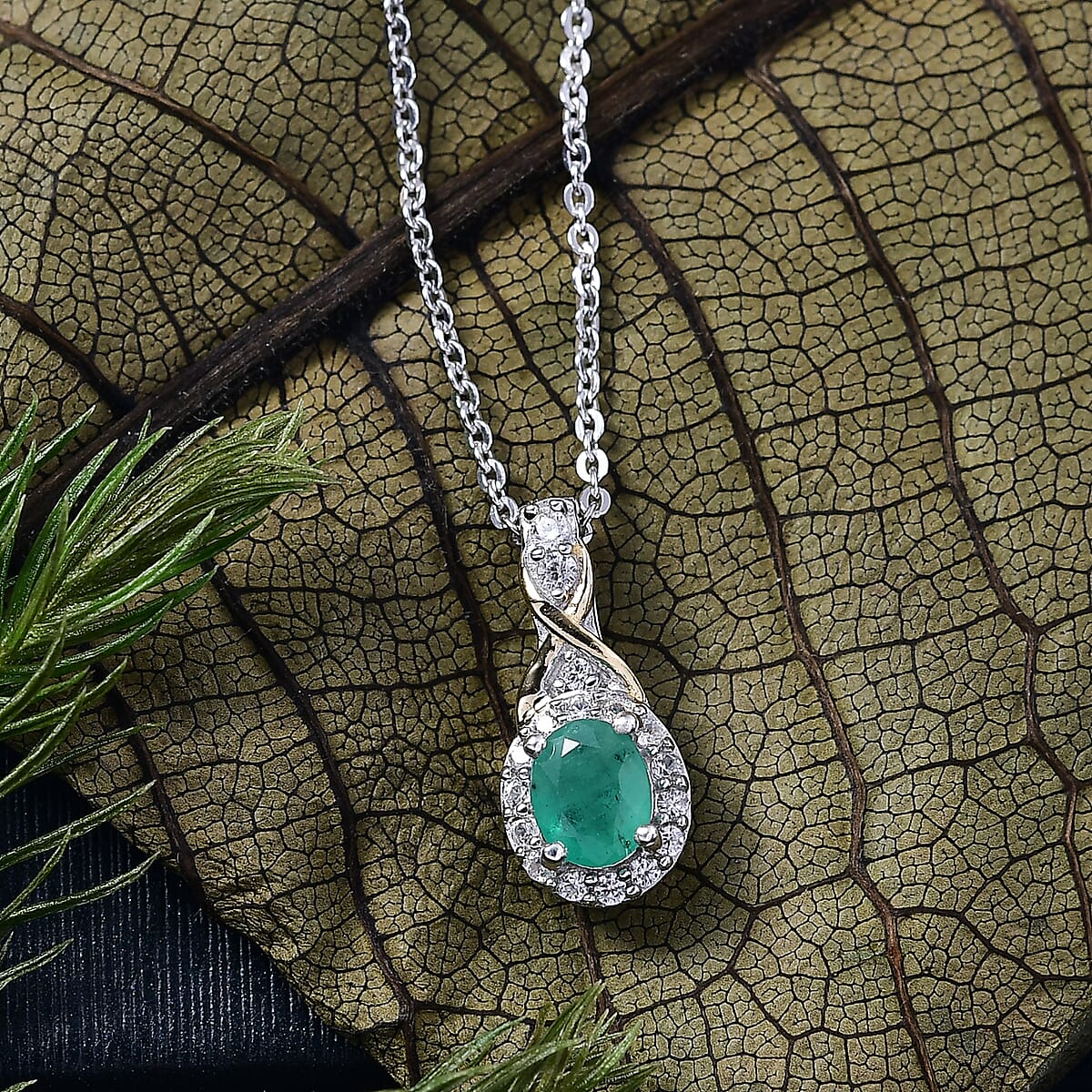D'Joy Socoto Emerald and White Zircon 0.55 ctw Pendant Necklace in 18K Vermeil YG and Rhodium Over Sterling Silver 20 Inches image number 1