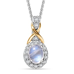 D'Joy Rainbow Moonstone and White Zircon 0.65 ctw Pendant Necklace in 18K Vermeil YG and Rhodium Over Sterling Silver 20 Inches