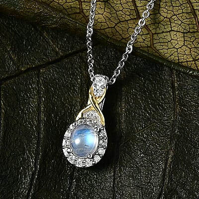 D'Joy Rainbow Moonstone and White Zircon 0.65 ctw Pendant Necklace in 18K Vermeil YG and Rhodium Over Sterling Silver 20 Inches