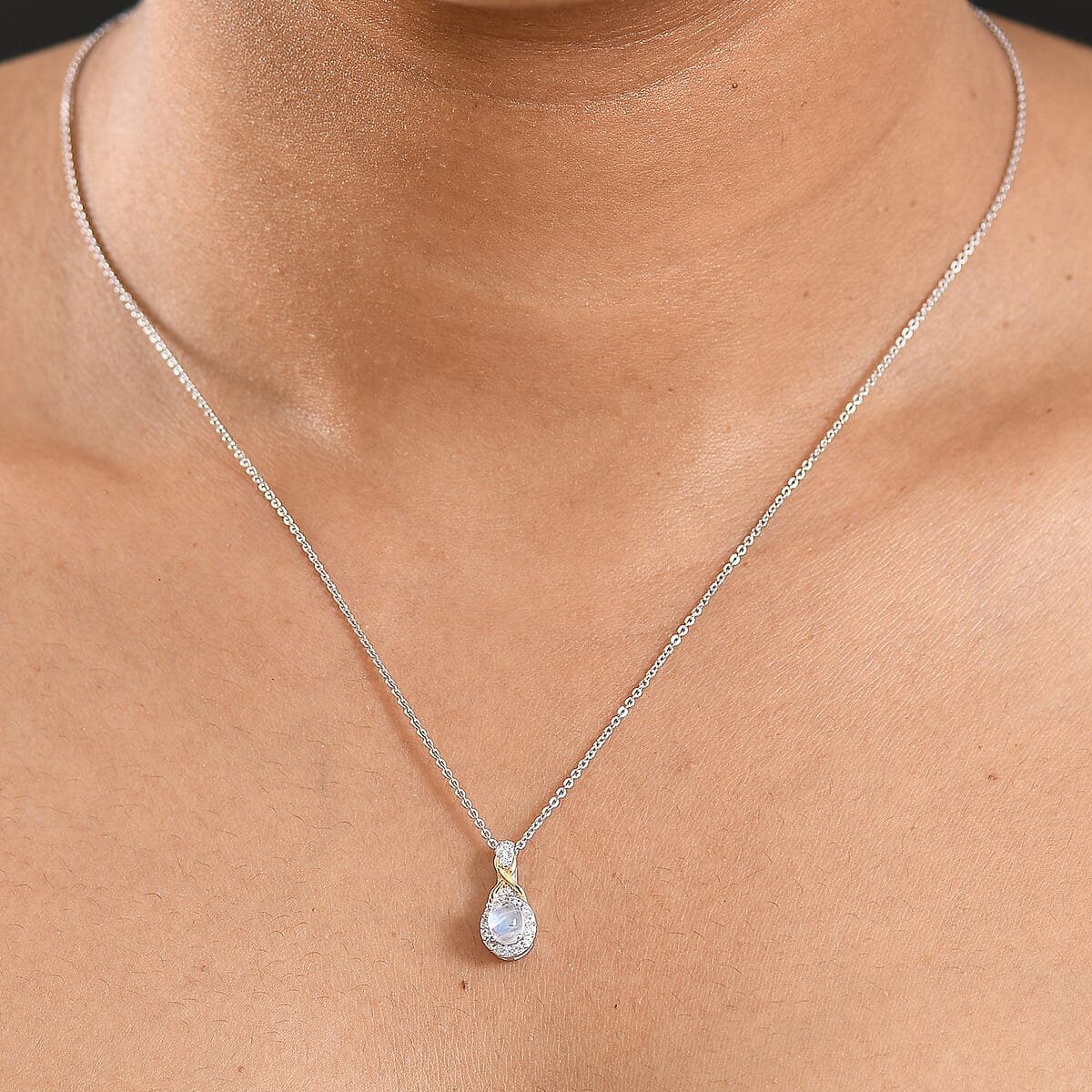 D'Joy Rainbow Moonstone and White Zircon 0.65 ctw Pendant Necklace in 18K Vermeil YG and Rhodium Over Sterling Silver 20 Inches image number 2