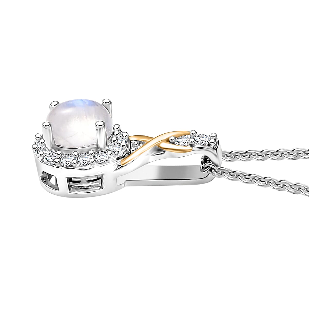 D'Joy Rainbow Moonstone and White Zircon 0.65 ctw Pendant Necklace in 18K Vermeil YG and Rhodium Over Sterling Silver 20 Inches image number 3