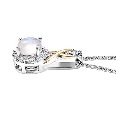 D'Joy Rainbow Moonstone and White Zircon 0.65 ctw Pendant Necklace in 18K Vermeil YG and Rhodium Over Sterling Silver 20 Inches