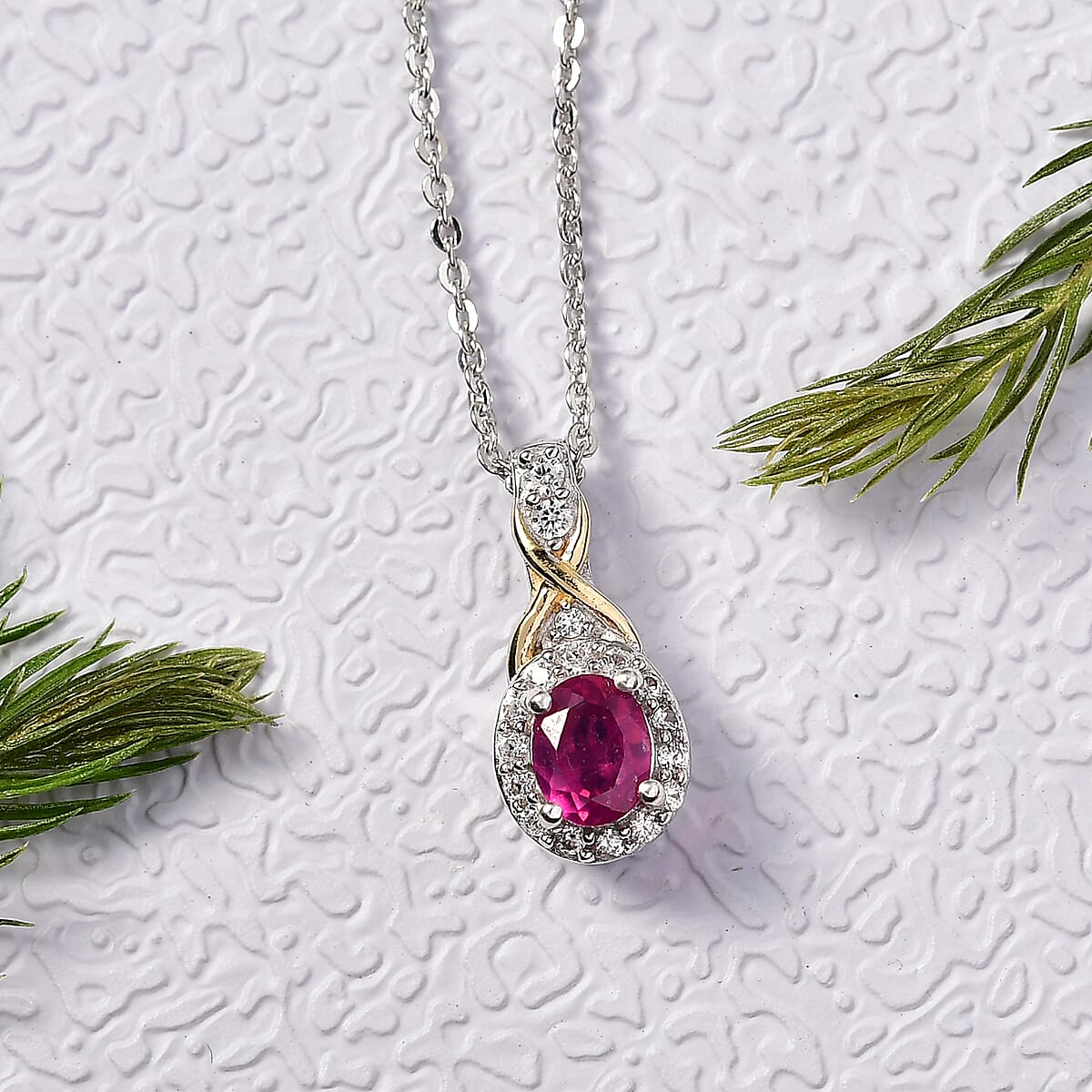 D'Joy Niassa Ruby (FF) and White Zircon 0.80 ctw Pendant Necklace in 18K Vermeil YG and Rhodium Over Sterling Silver 20 Inches image number 1