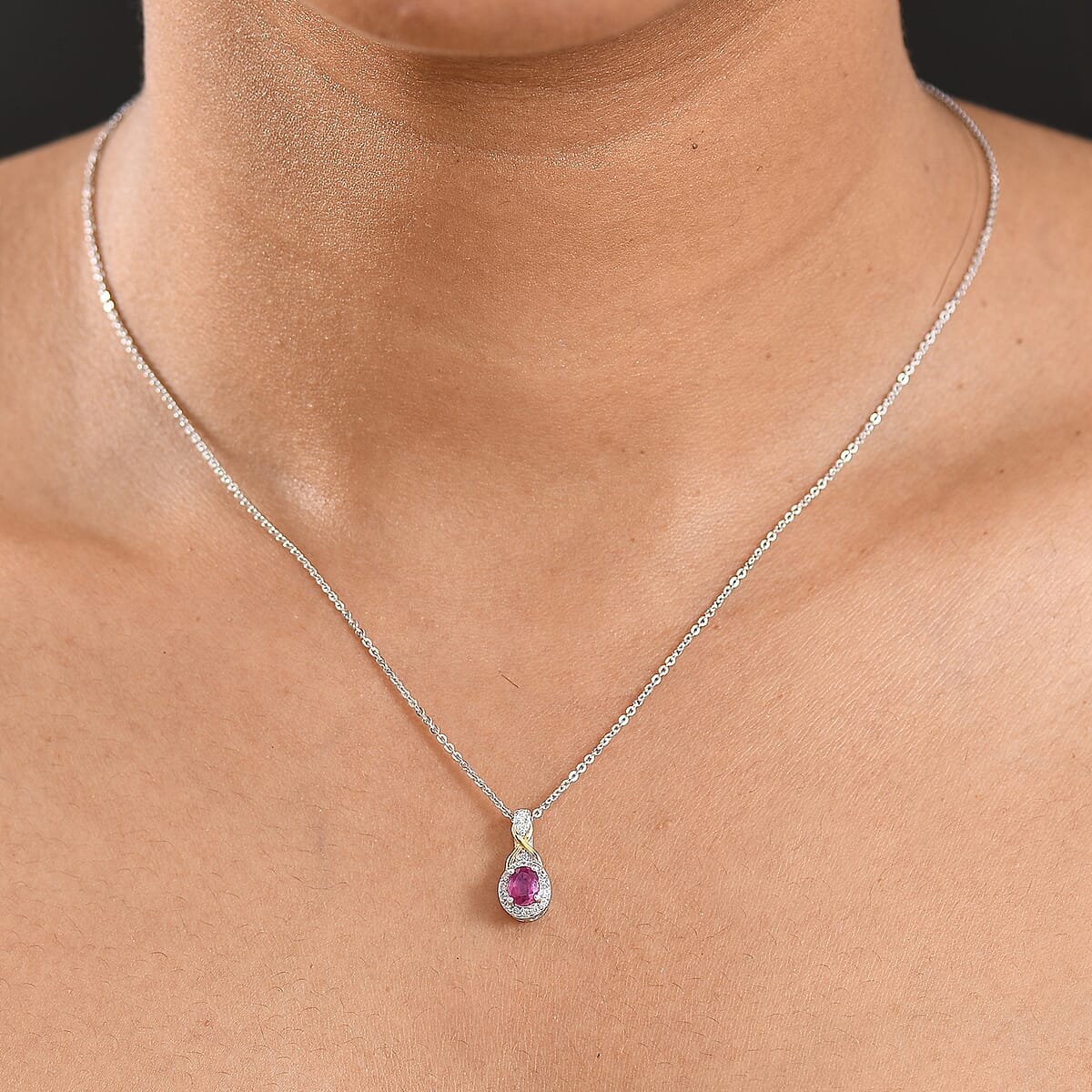 D'Joy Niassa Ruby (FF) and White Zircon 0.80 ctw Pendant Necklace in 18K Vermeil YG and Rhodium Over Sterling Silver 20 Inches image number 2