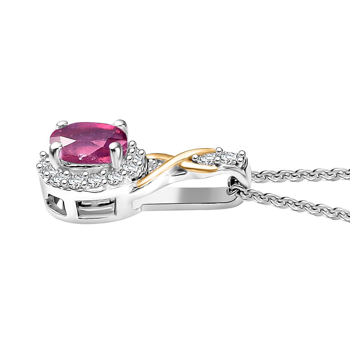 D'Joy Niassa Ruby (FF) and White Zircon 0.80 ctw Pendant Necklace in 18K Vermeil YG and Rhodium Over Sterling Silver 20 Inches image number 3
