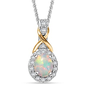 D'Joy Ethiopian Welo Opal and White Zircon 0.45 ctw Pendant Necklace in 18K Vermeil YG and Rhodium Over Sterling Silver 20 Inches