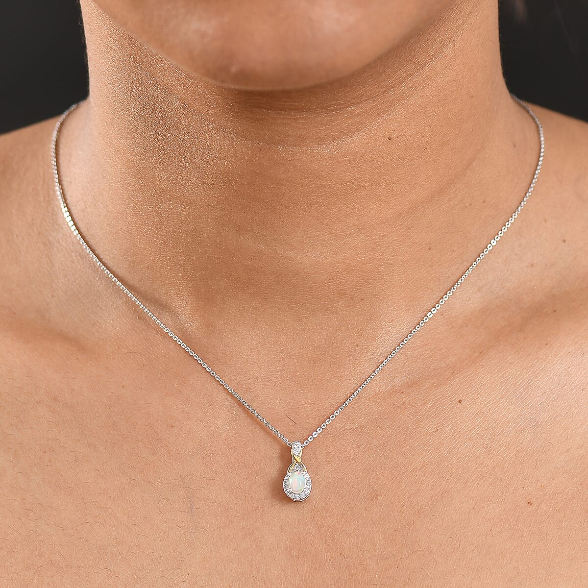D'Joy Ethiopian Welo Opal and White Zircon 0.45 ctw Pendant Necklace in 18K Vermeil YG and Rhodium Over Sterling Silver 20 Inches image number 2