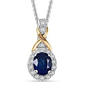 D'Joy Masoala Sapphire (D) and White Zircon 0.70 ctw Pendant Necklace in 18K Vermeil YG and Rhodium Over Sterling Silver 20 Inches