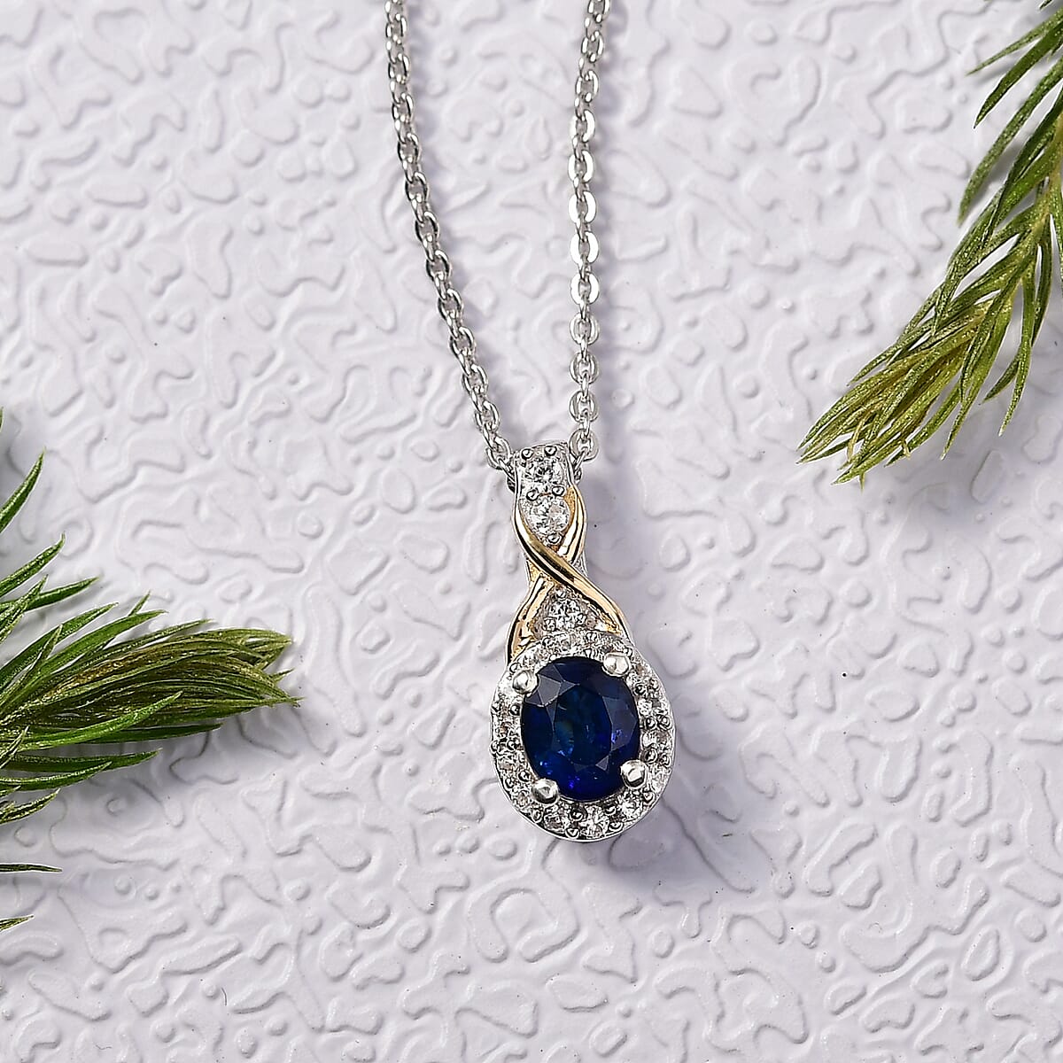D'Joy Masoala Sapphire (D) and White Zircon 0.70 ctw Pendant Necklace in 18K Vermeil YG and Rhodium Over Sterling Silver 20 Inches image number 1