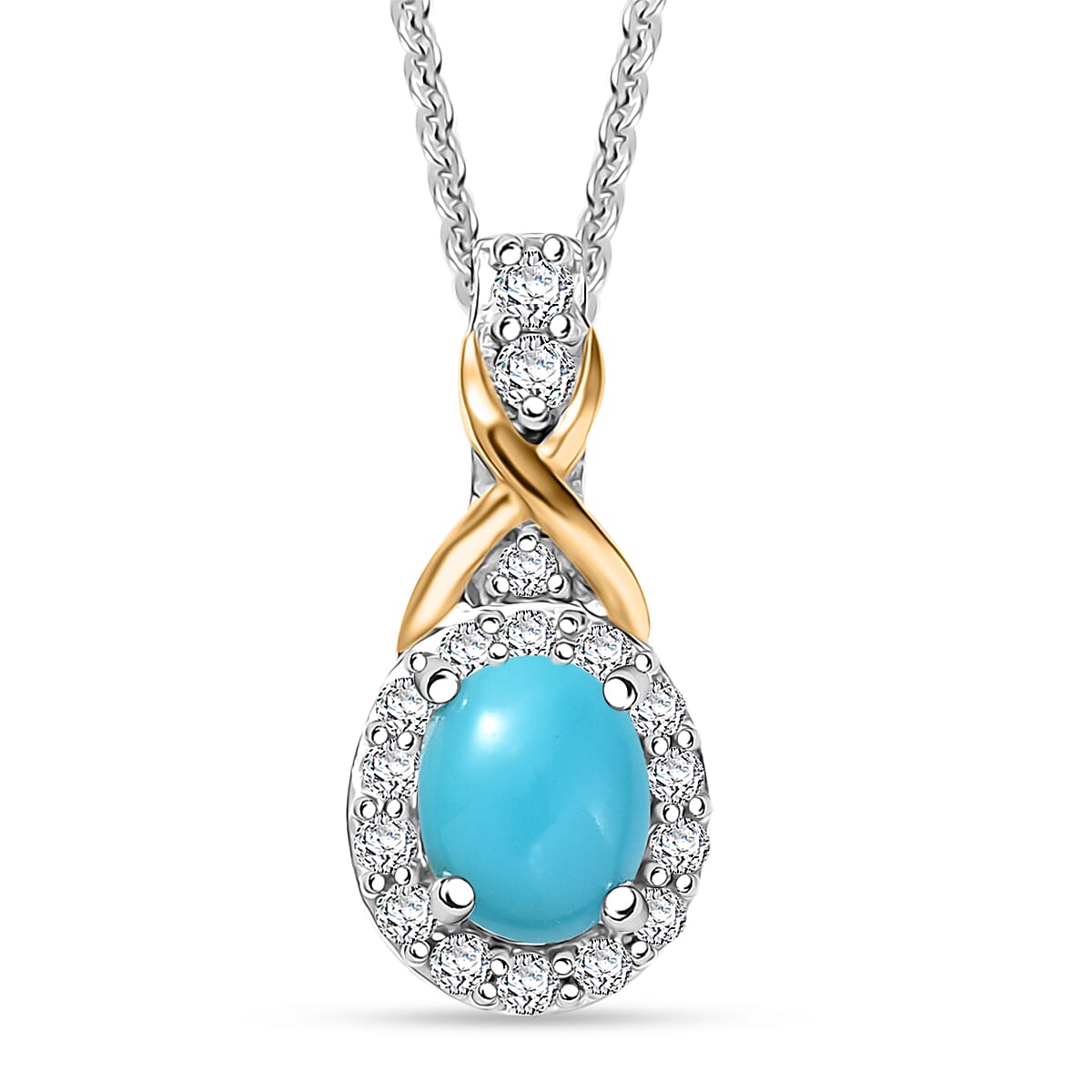 D'Joy Premium Sleeping Beauty Turquoise and White Zircon 0.65 ctw Pendant Necklace in 18K Vermeil YG and Rhodium Over Sterling Silver 20 Inches image number 0