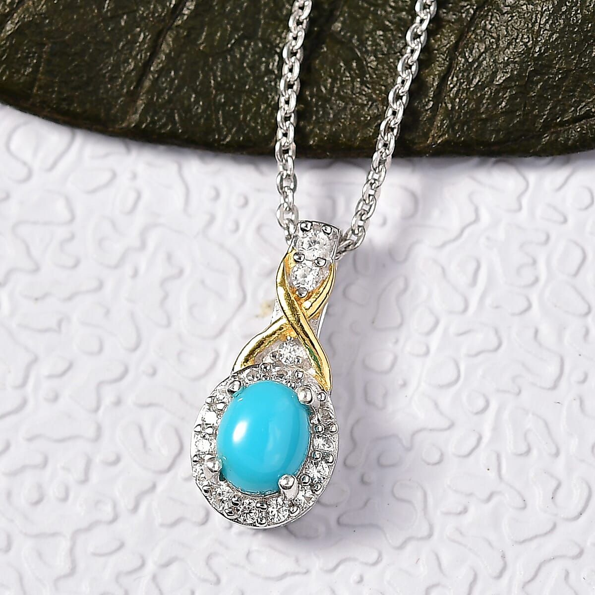 D'Joy Premium Sleeping Beauty Turquoise and White Zircon 0.65 ctw Pendant Necklace in 18K Vermeil YG and Rhodium Over Sterling Silver 20 Inches image number 1