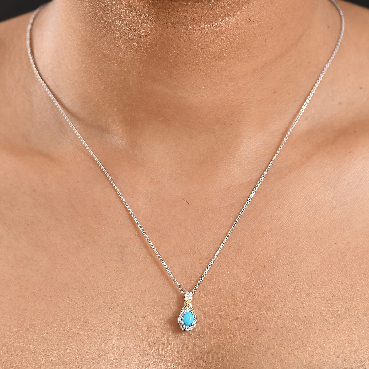 D'Joy Premium Sleeping Beauty Turquoise and White Zircon 0.65 ctw Pendant Necklace in 18K Vermeil YG and Rhodium Over Sterling Silver 20 Inches image number 2