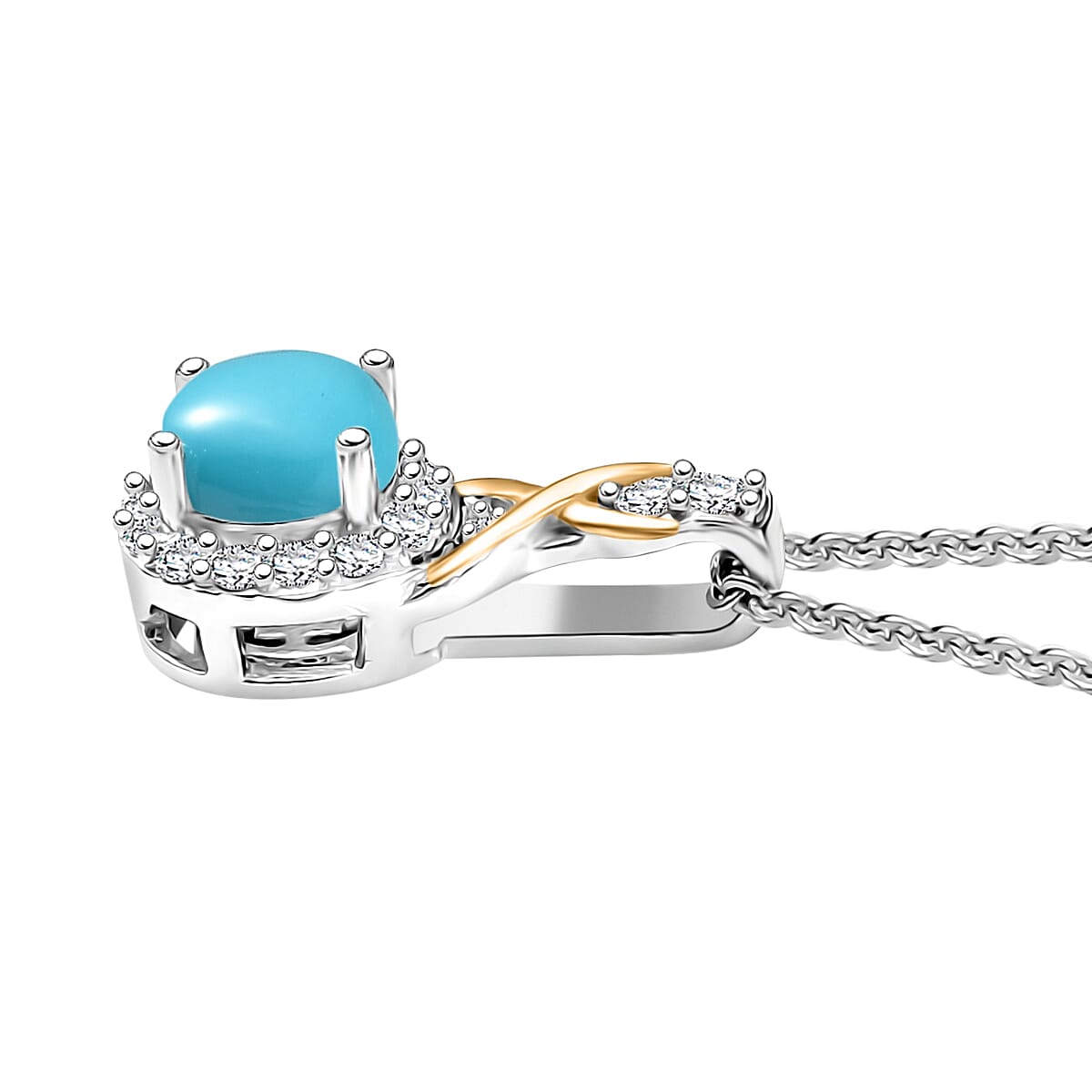 D'Joy Premium Sleeping Beauty Turquoise and White Zircon 0.65 ctw Pendant Necklace in 18K Vermeil YG and Rhodium Over Sterling Silver 20 Inches image number 3