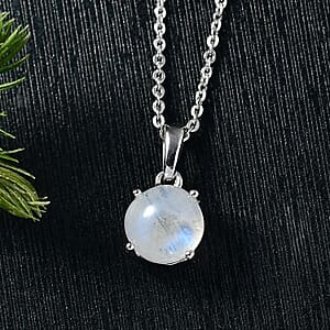 D'Joy Rainbow Moonstone 1.50 ctw Solitaire Pendant Necklace in Rhodium Over Sterling Silver 20 Inches