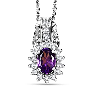 D'Joy African Amethyst and White Zircon 1.20 ctw Pendant Necklace in Rhodium Over Sterling Silver 20 Inches