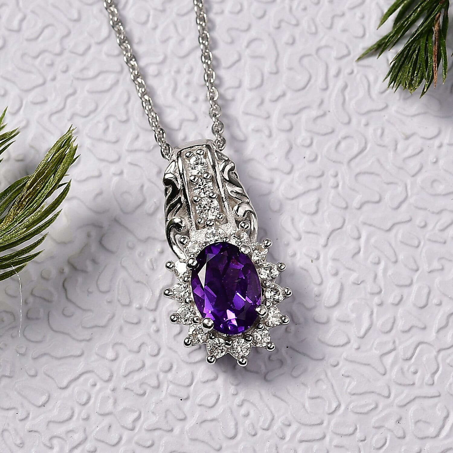 D'Joy African Amethyst and White Zircon 1.20 ctw Pendant Necklace in Rhodium Over Sterling Silver 20 Inches