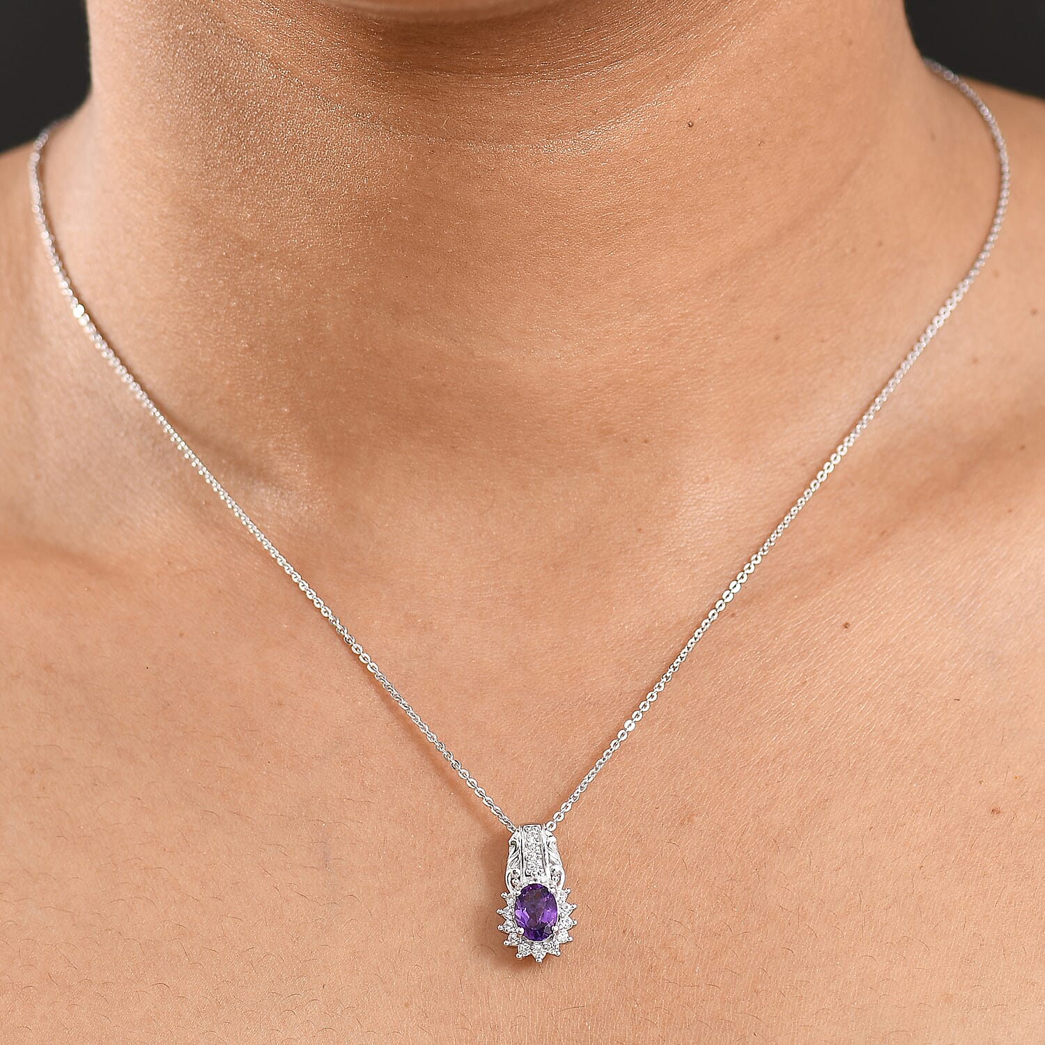 D'Joy African Amethyst and White Zircon 1.20 ctw Pendant Necklace in Rhodium Over Sterling Silver 20 Inches