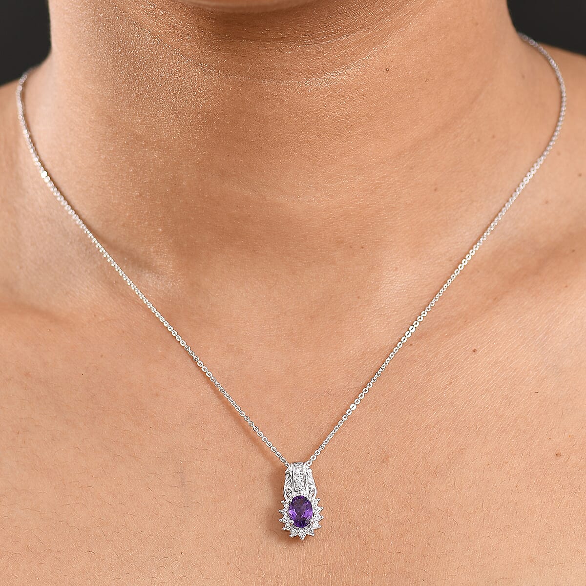 D'Joy African Amethyst and White Zircon 1.20 ctw Pendant Necklace in Rhodium Over Sterling Silver 20 Inches image number 2