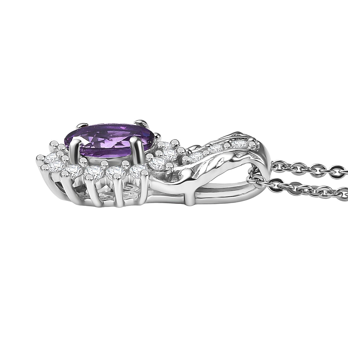 D'Joy African Amethyst and White Zircon 1.20 ctw Pendant Necklace in Rhodium Over Sterling Silver 20 Inches