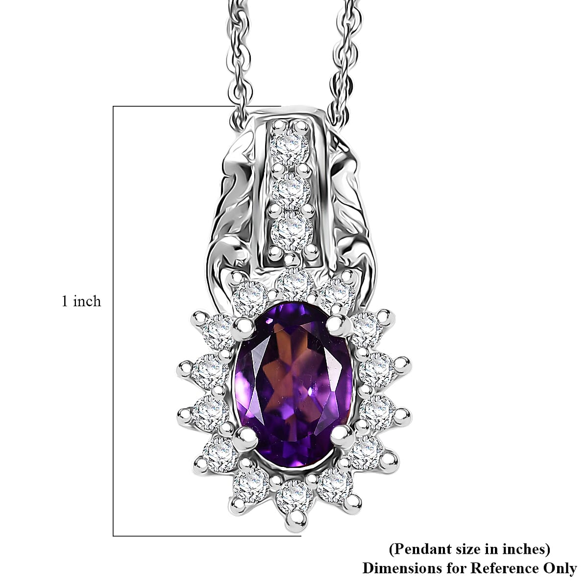 D'Joy African Amethyst and White Zircon 1.20 ctw Pendant Necklace in Rhodium Over Sterling Silver 20 Inches