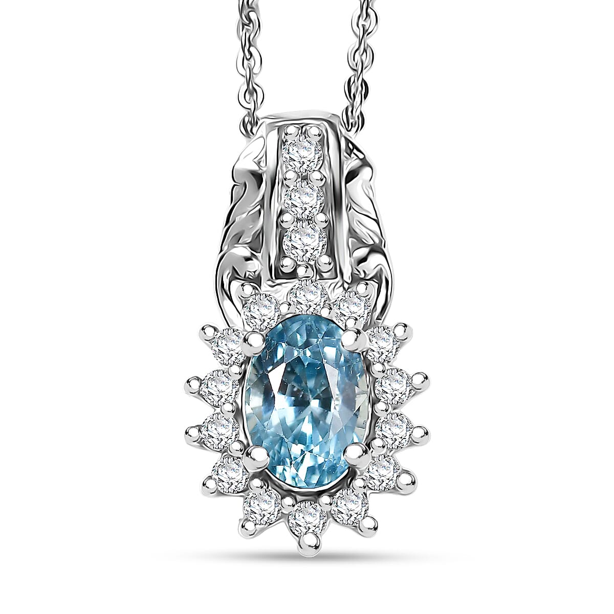 D'Joy Cambodian Blue Zircon and White Zircon 1.80 ctw Pendant Necklace in Rhodium Over Sterling Silver 20 Inches image number 0
