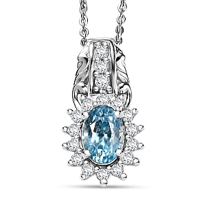 D'Joy Cambodian Blue Zircon and White Zircon 1.80 ctw Pendant Necklace in Rhodium Over Sterling Silver 20 Inches