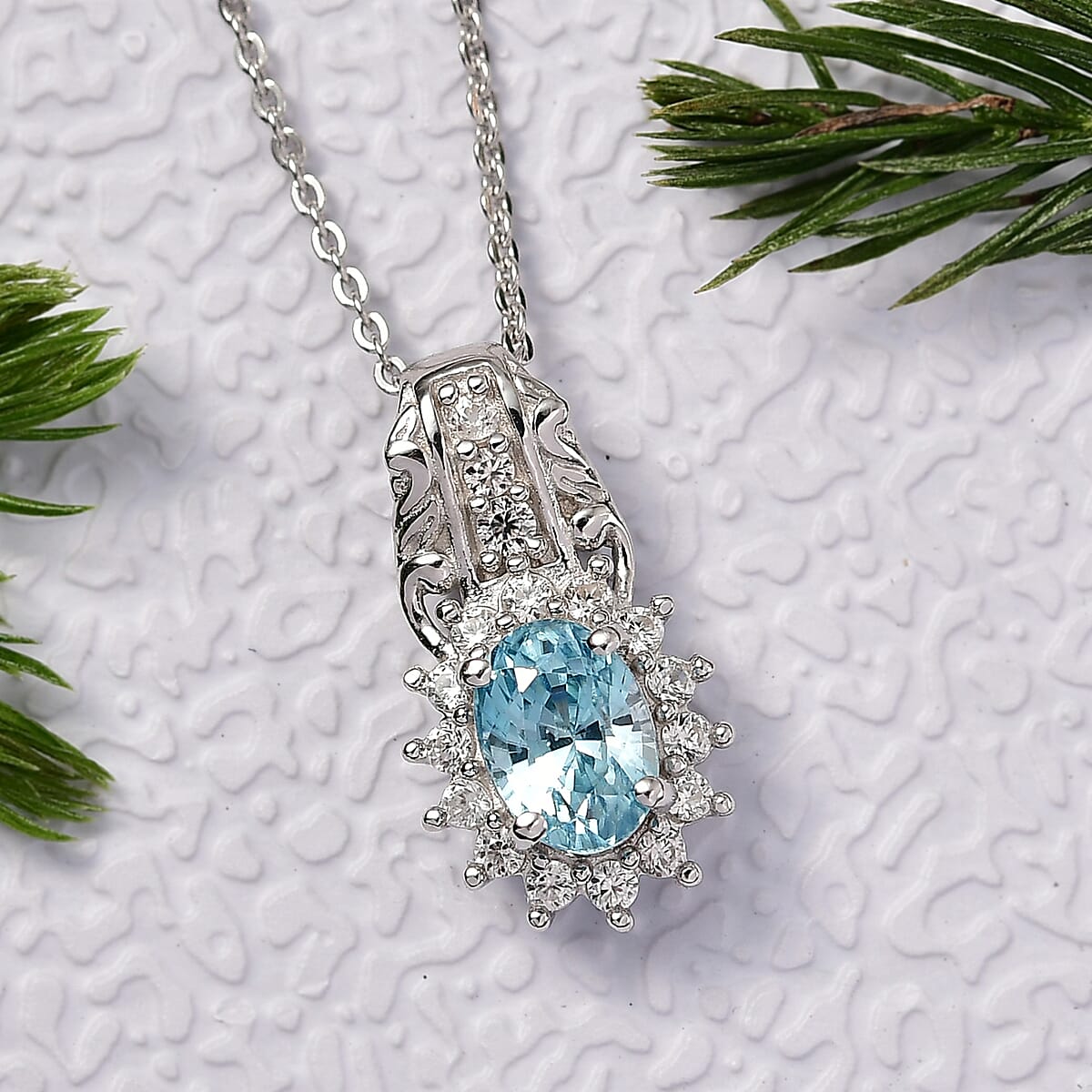 D'Joy Cambodian Blue Zircon and White Zircon 1.80 ctw Pendant Necklace in Rhodium Over Sterling Silver 20 Inches image number 1