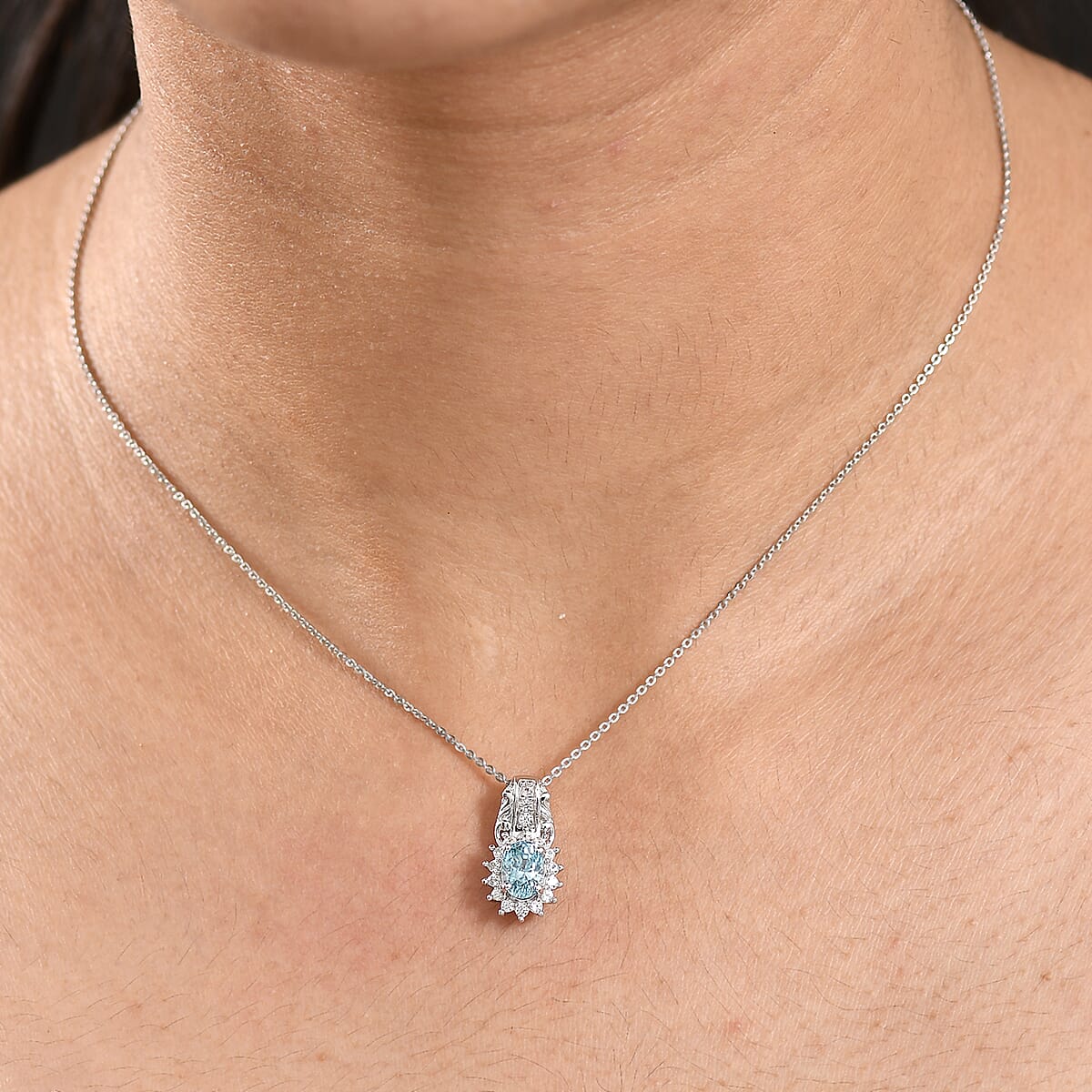 D'Joy Cambodian Blue Zircon and White Zircon 1.80 ctw Pendant Necklace in Rhodium Over Sterling Silver 20 Inches image number 2