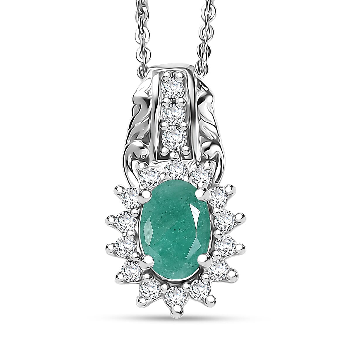 D'Joy Socoto Emerald and White Zircon 1.15 ctw Pendant Necklace in Rhodium Over Sterling Silver 20 Inches image number 0