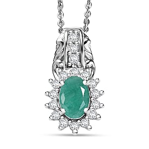 D'Joy Socoto Emerald and White Zircon 1.15 ctw Pendant Necklace in Rhodium Over Sterling Silver 20 Inches