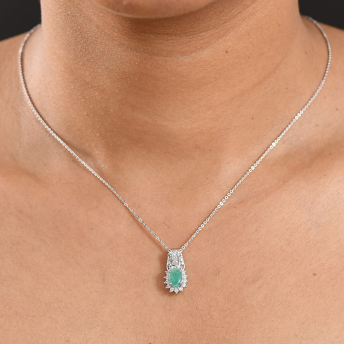 D'Joy Socoto Emerald and White Zircon 1.15 ctw Pendant Necklace in Rhodium Over Sterling Silver 20 Inches image number 2
