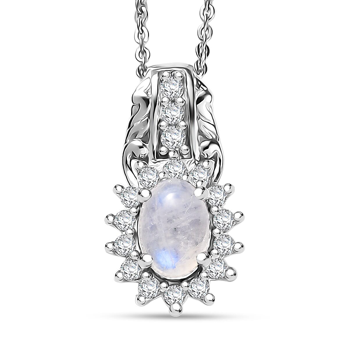 D'Joy Rainbow Moonstone and White Zircon 1.55 ctw Pendant Necklace in Rhodium Over Sterling Silver 20 Inches image number 0