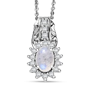D'Joy Rainbow Moonstone and White Zircon 1.55 ctw Pendant Necklace in Rhodium Over Sterling Silver 20 Inches