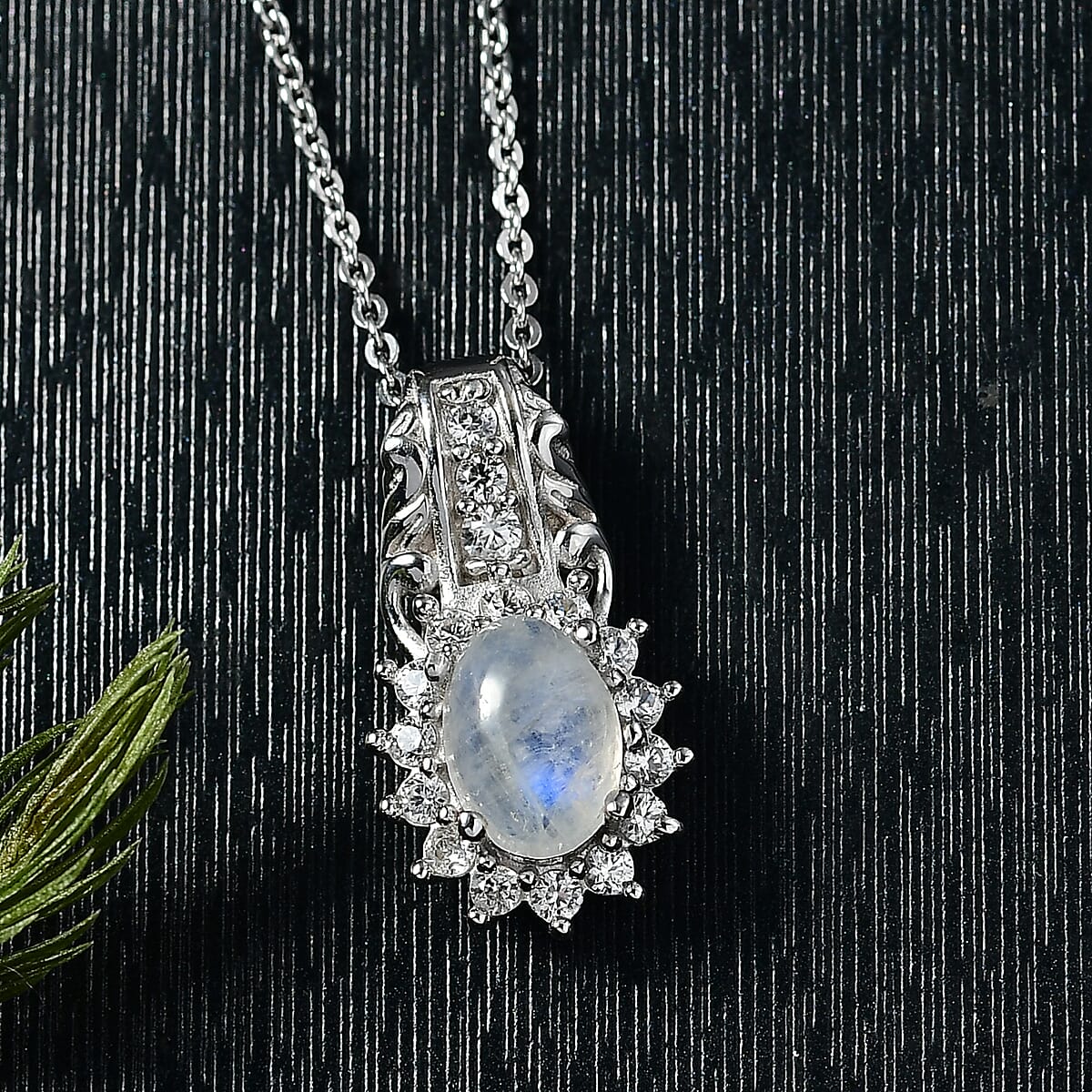 D'Joy Rainbow Moonstone and White Zircon 1.55 ctw Pendant Necklace in Rhodium Over Sterling Silver 20 Inches image number 1