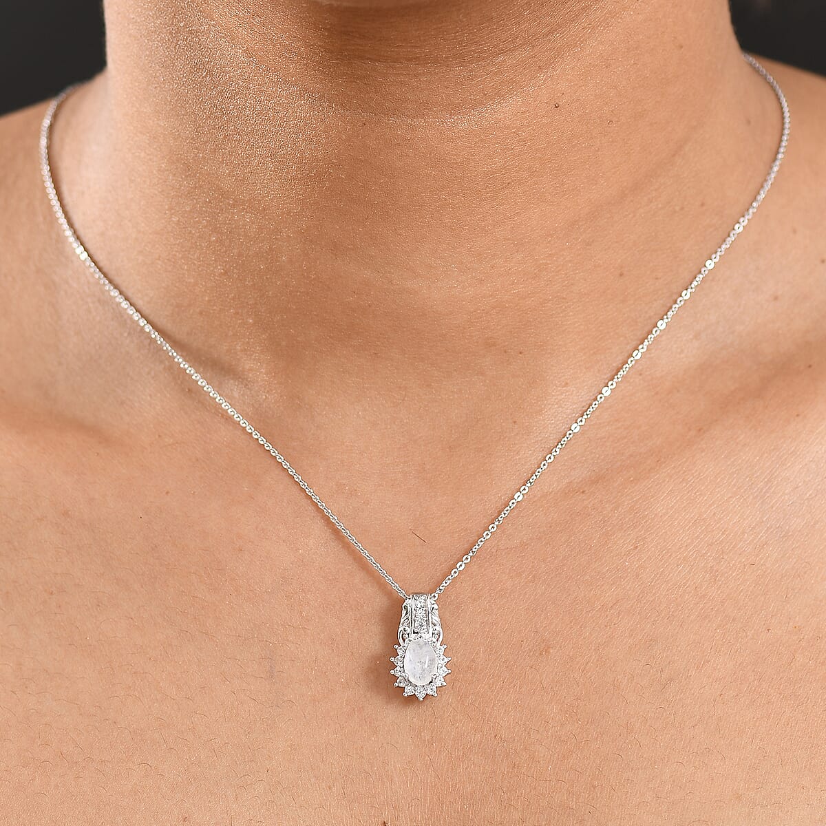 D'Joy Rainbow Moonstone and White Zircon 1.55 ctw Pendant Necklace in Rhodium Over Sterling Silver 20 Inches image number 2