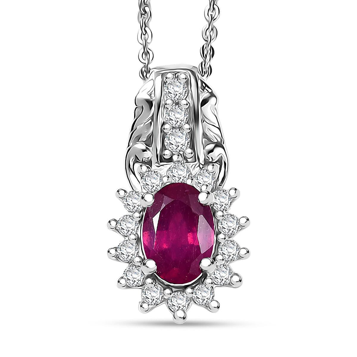 D'Joy Niassa Ruby (FF) and White Zircon 1.75 ctw Pendant Necklace in Rhodium Over Sterling Silver 20 Inches