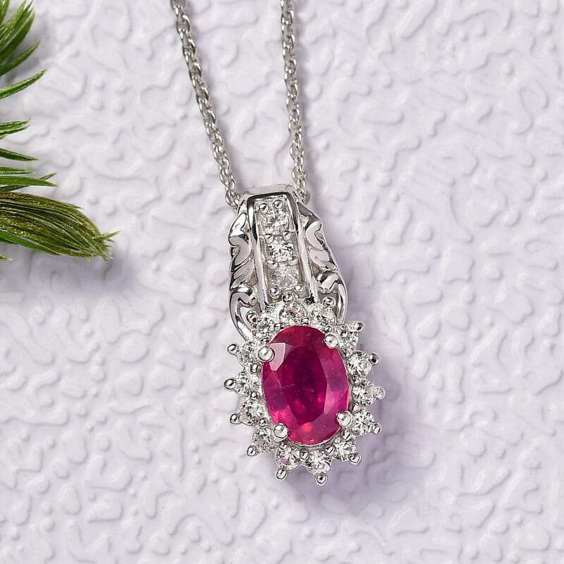 D'Joy Niassa Ruby (FF) and White Zircon 1.75 ctw Pendant Necklace in Rhodium Over Sterling Silver 20 Inches