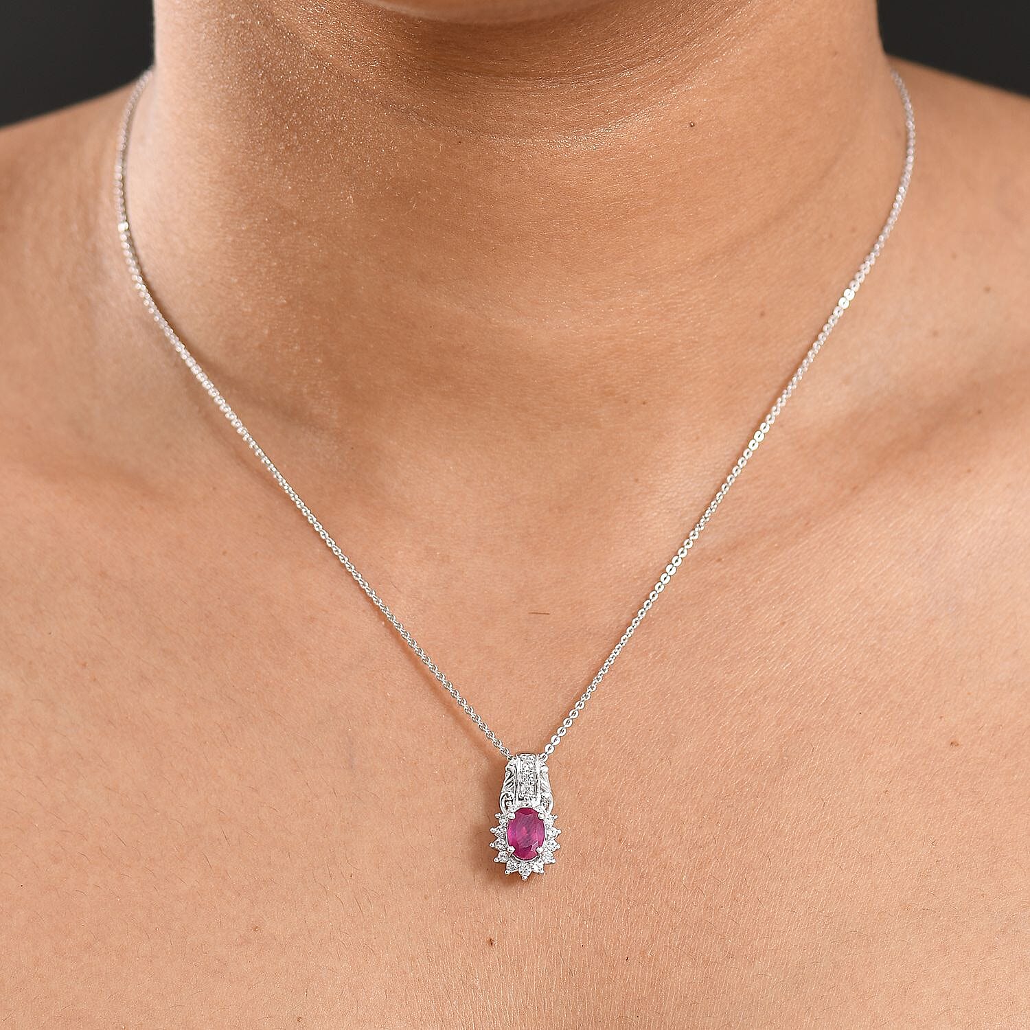 D'Joy Niassa Ruby (FF) and White Zircon 1.75 ctw Pendant Necklace in Rhodium Over Sterling Silver 20 Inches
