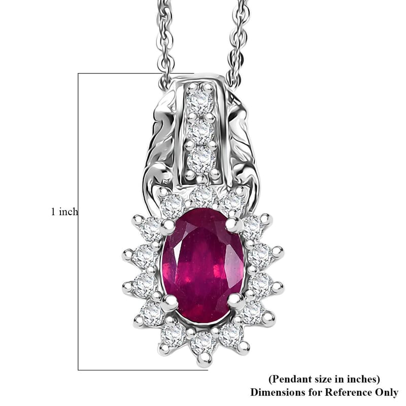 D'Joy Niassa Ruby (FF) and White Zircon 1.75 ctw Pendant Necklace in Rhodium Over Sterling Silver 20 Inches