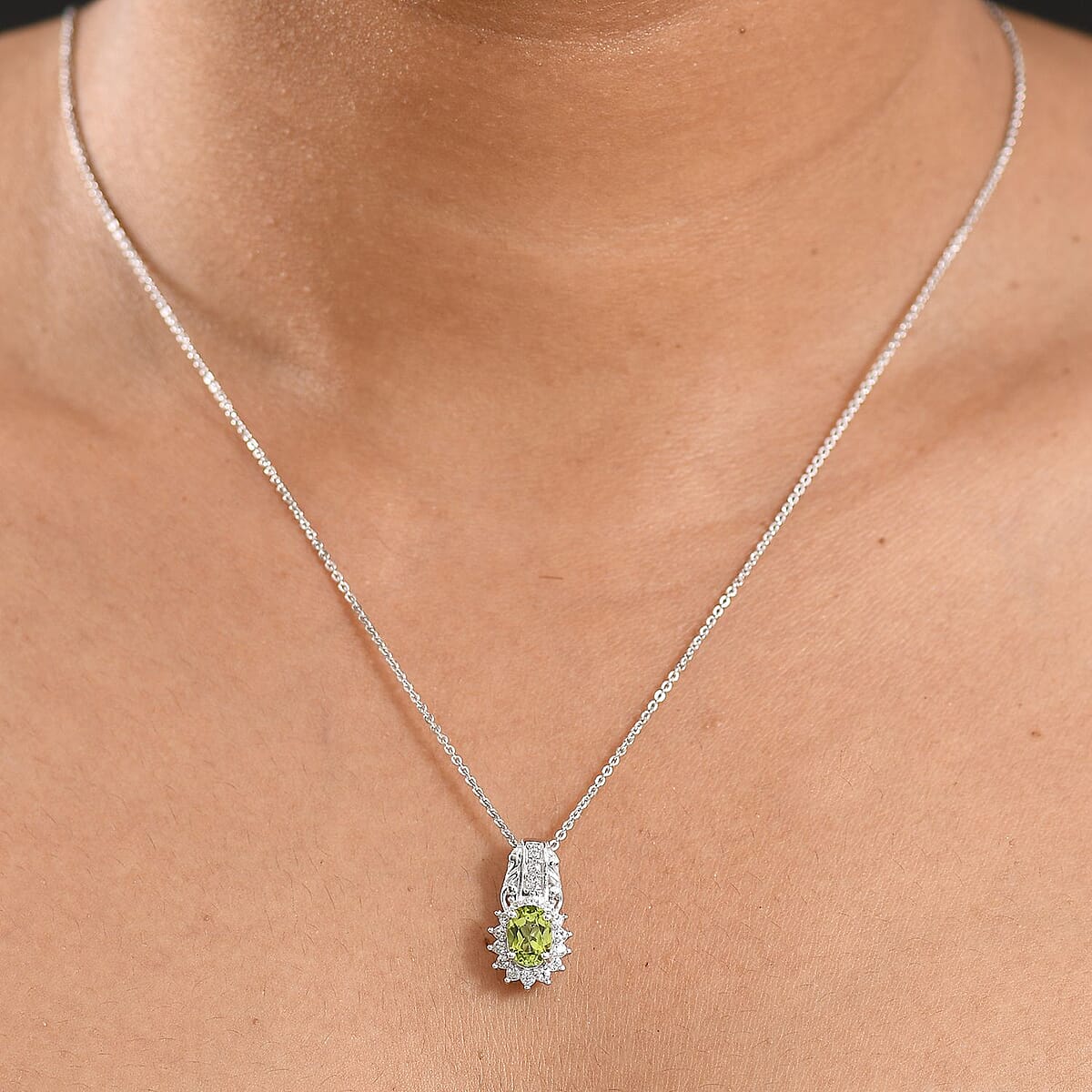 D'Joy Hebei Peridot and White Zircon 1.40 ctw Pendant Necklace in Rhodium Over Sterling Silver 20 Inches image number 2