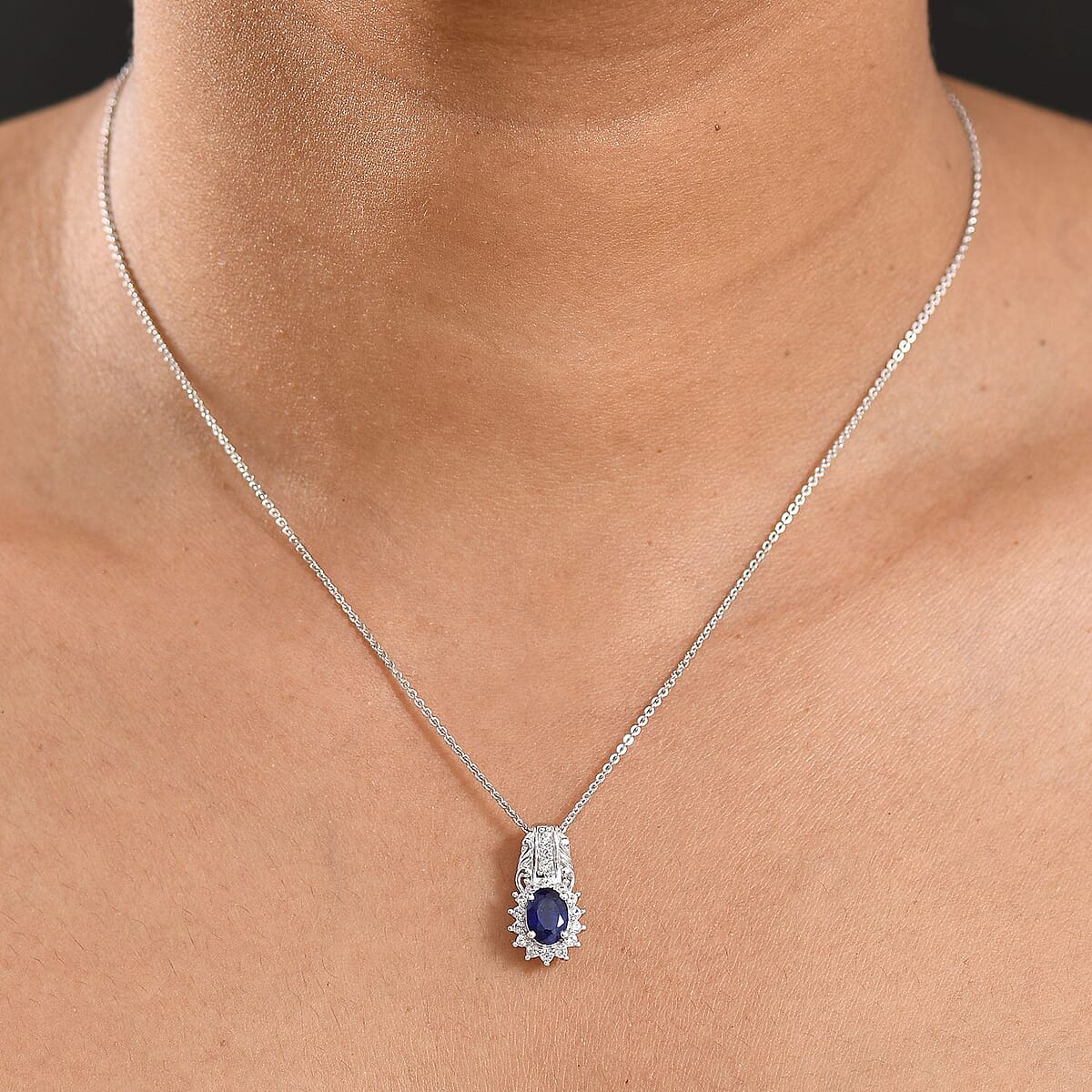 D'Joy Masoala Sapphire (D) and White Zircon 1.65 ctw Solitaire Pendant Necklace in Rhodium Over Sterling Silver 20 Inches image number 2