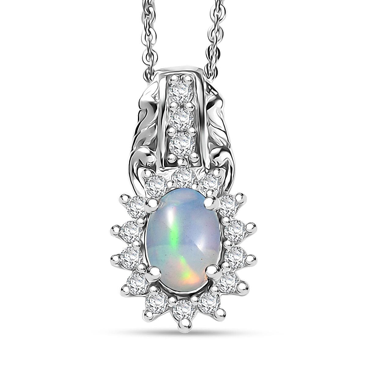 D'Joy Ethiopian Welo Opal and White Zircon 0.90 ctw Pendant Necklace in Rhodium Over Sterling Silver 20 Inches image number 0