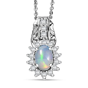 D'Joy Ethiopian Welo Opal and White Zircon 0.90 ctw Pendant Necklace in Rhodium Over Sterling Silver 20 Inches